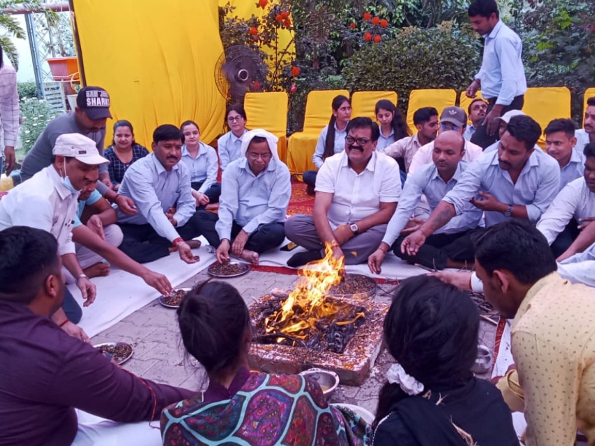 Salus Pharmaceuticals staff taking part in a hawan ceremony at the plant